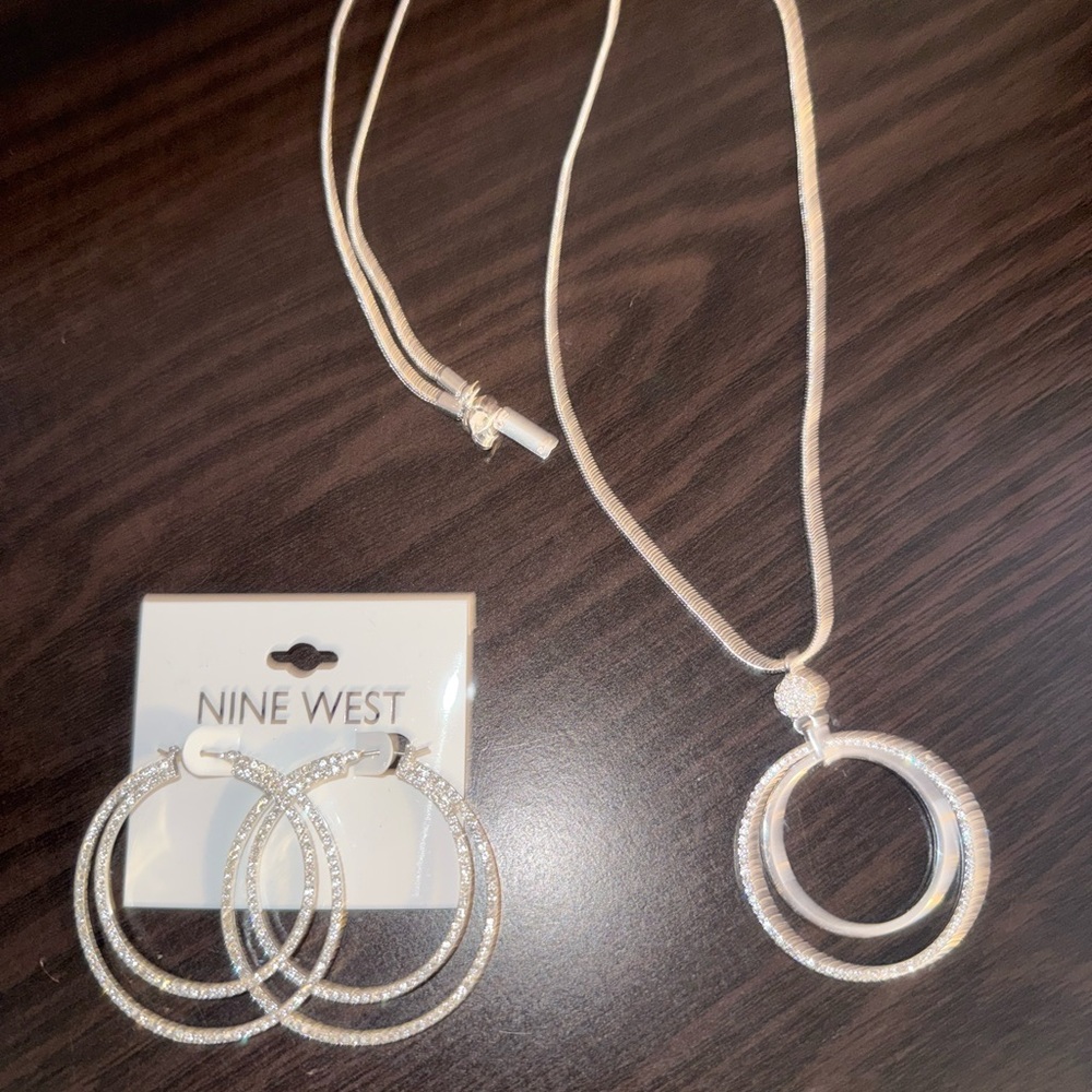 Nine West Silver Double Hoop Earrings and Necklace Set
